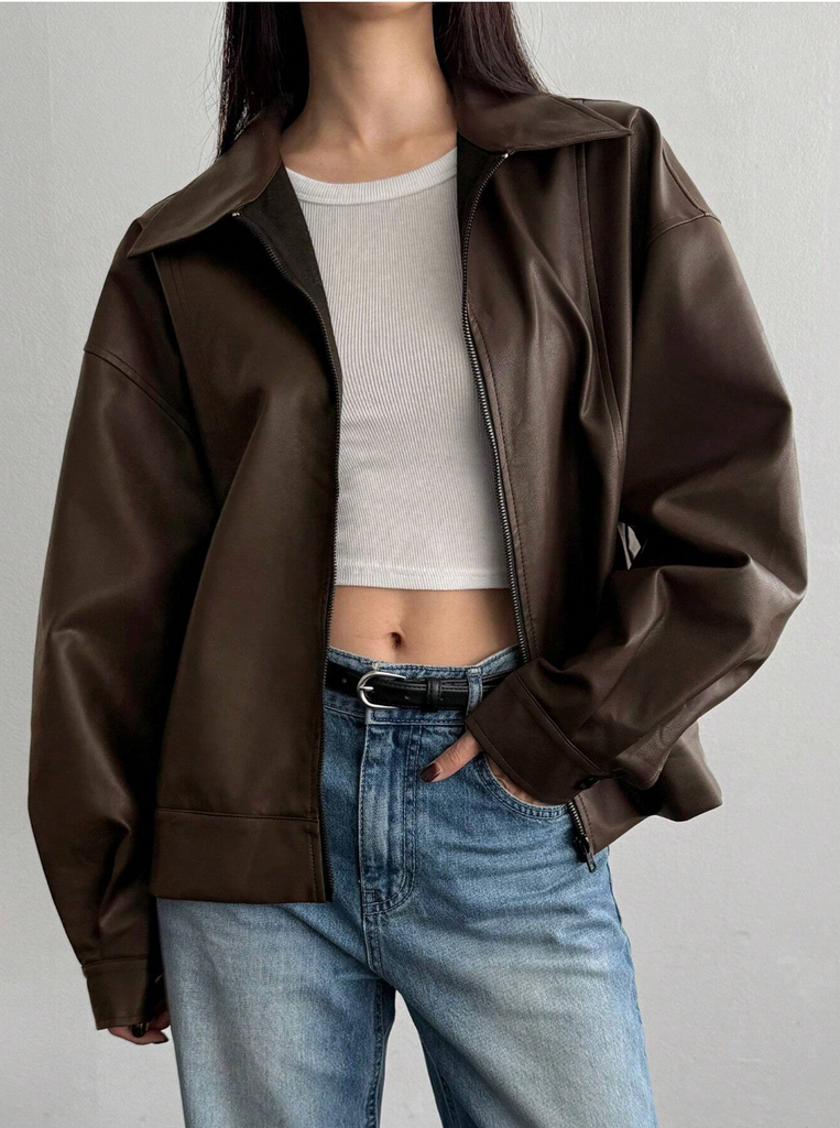 Brown leather jacket women oversized loose fit
