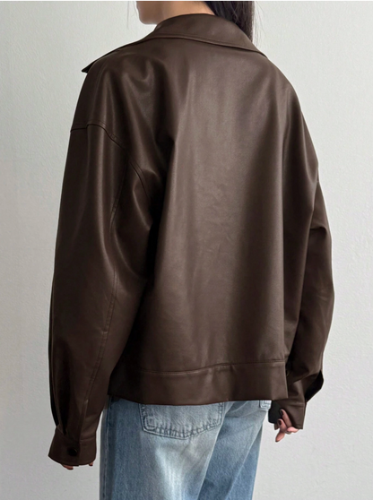 Brown leather jacket women oversized loose fit