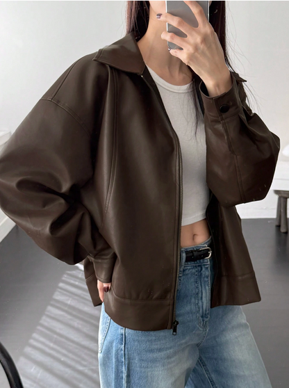 Brown leather jacket women oversized loose fit