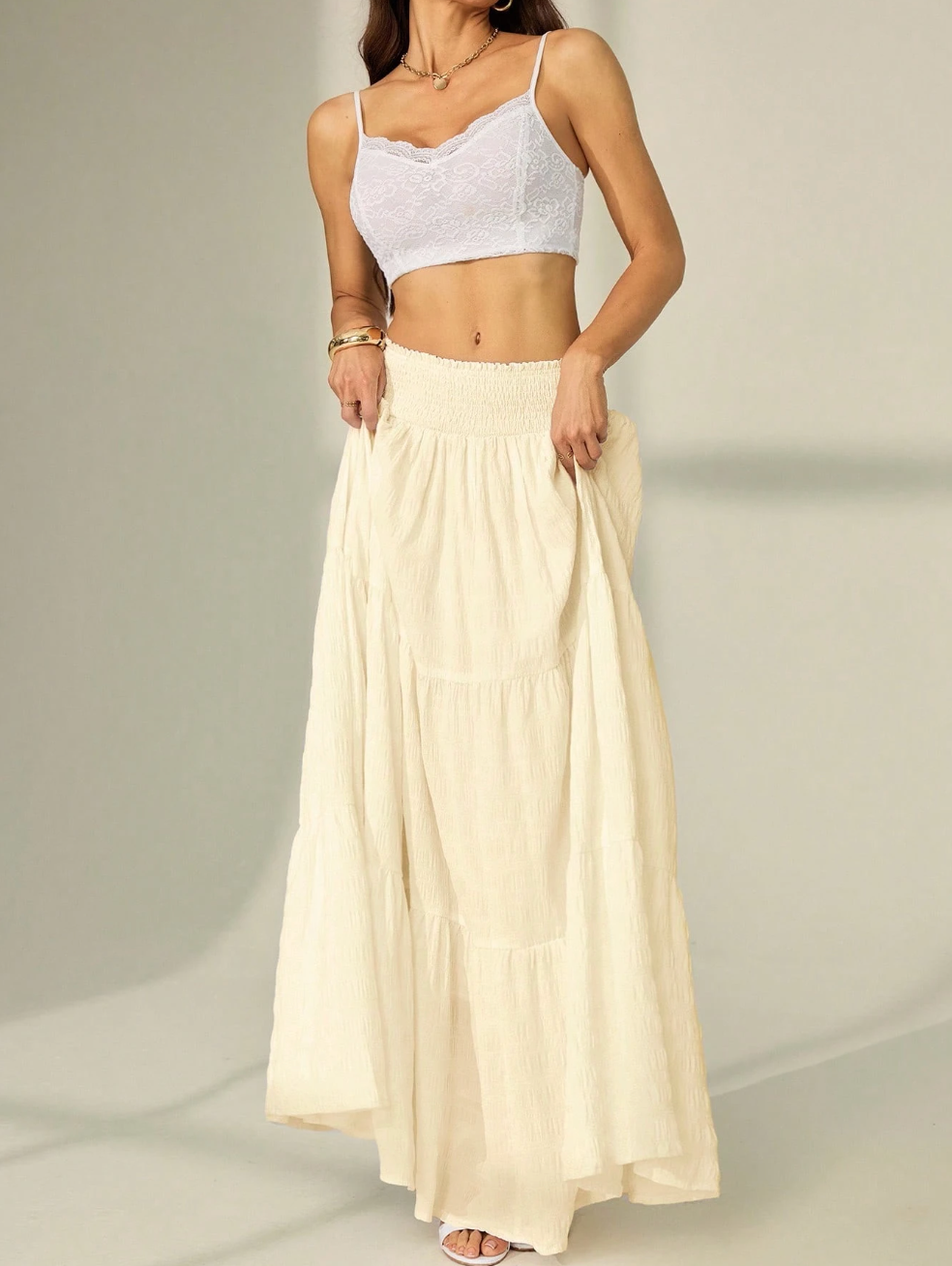 High waist maxi skirt with tiered ruffle hem