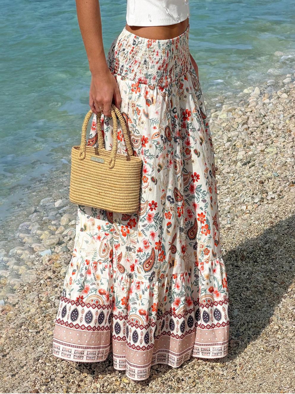 Smocked waist maxi skirt with paisley tiered hem