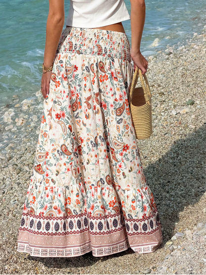 Smocked waist maxi skirt with paisley tiered hem