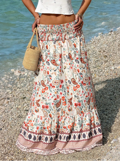 Smocked waist maxi skirt with paisley tiered hem