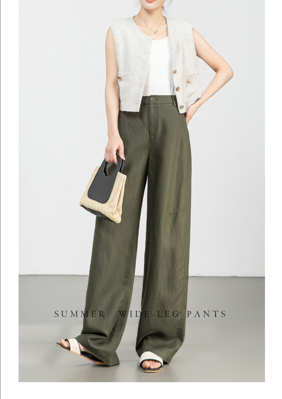 High waist wide leg linen pants for women