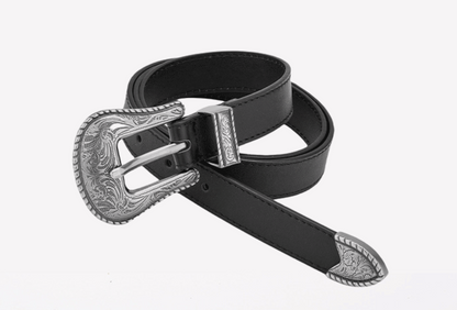 Leather belts for men with carved alloy buckle