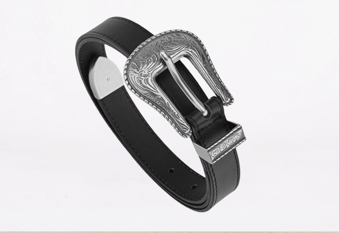 Leather belts for men with carved alloy buckle