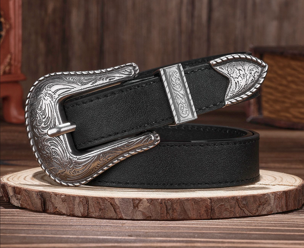 Leather belts for men with carved alloy buckle