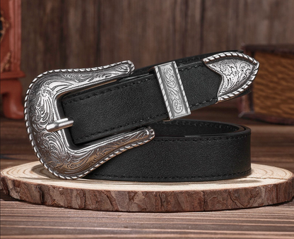 Leather belts for men with carved alloy buckle