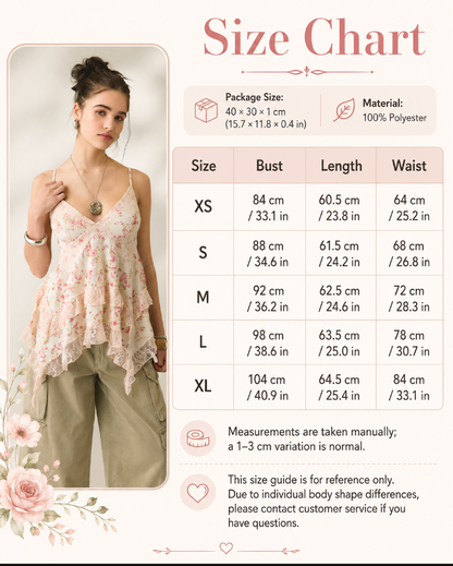 Floral camisole with lace ruffles and chiffon layers