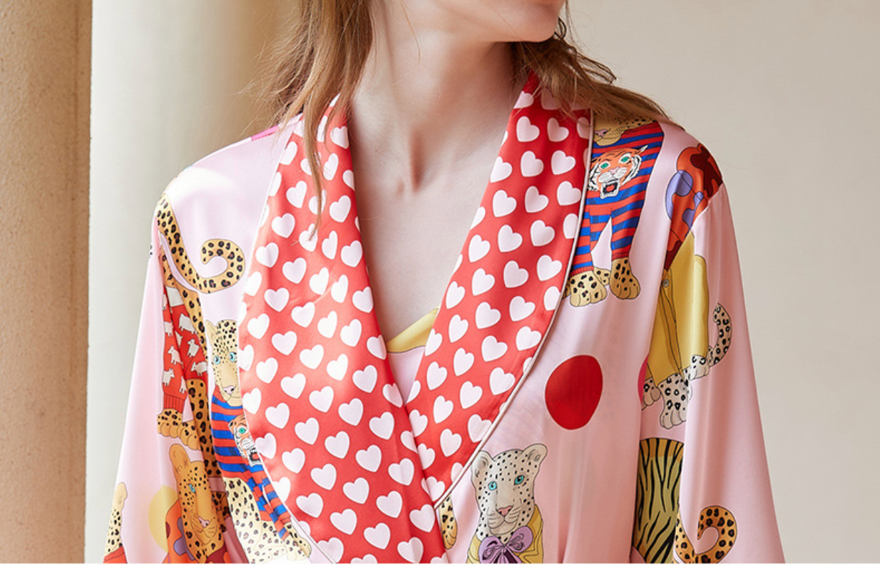 Women’s Ice Silk Robe and Printed Camisole Nightdress Set