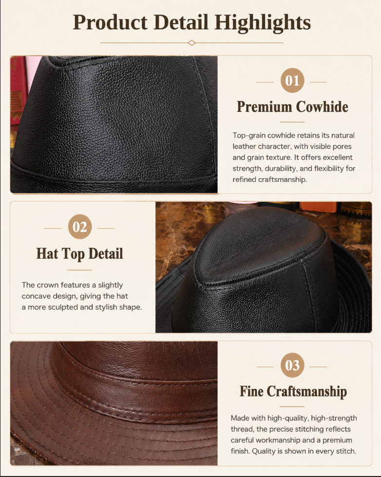 Men's Cowhide Leather Fedora Hat Wide Brim