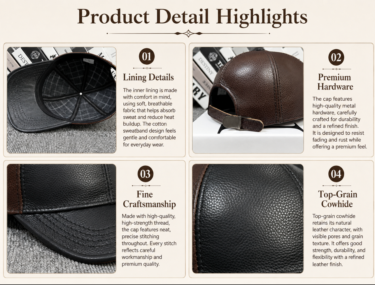 Men’s Cowhide Leather Baseball Cap Adjustable Fit