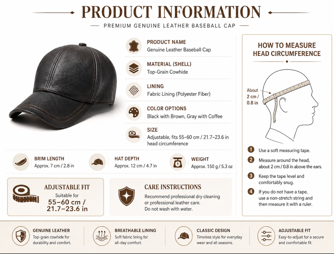 Men’s Cowhide Leather Baseball Cap Adjustable Fit