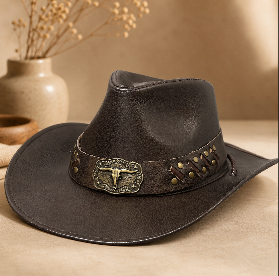 Brown Cowhide Leather Cowboy Hat