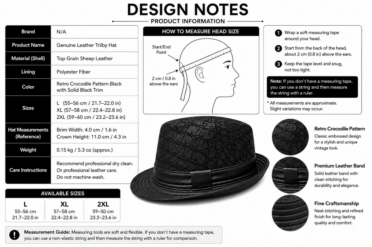 Black Genuine Leather Trilby Hat for Men