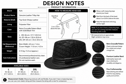 Black Genuine Leather Trilby Hat for Men