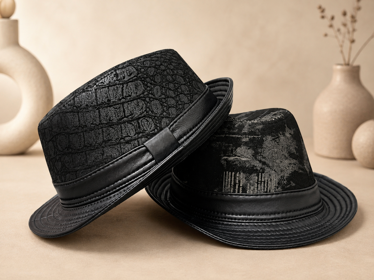 Black Genuine Leather Trilby Hat for Men