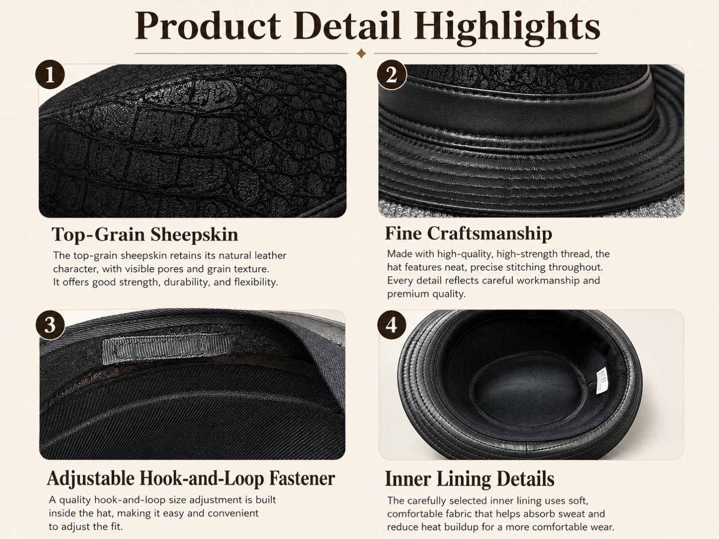 Black Genuine Leather Trilby Hat for Men