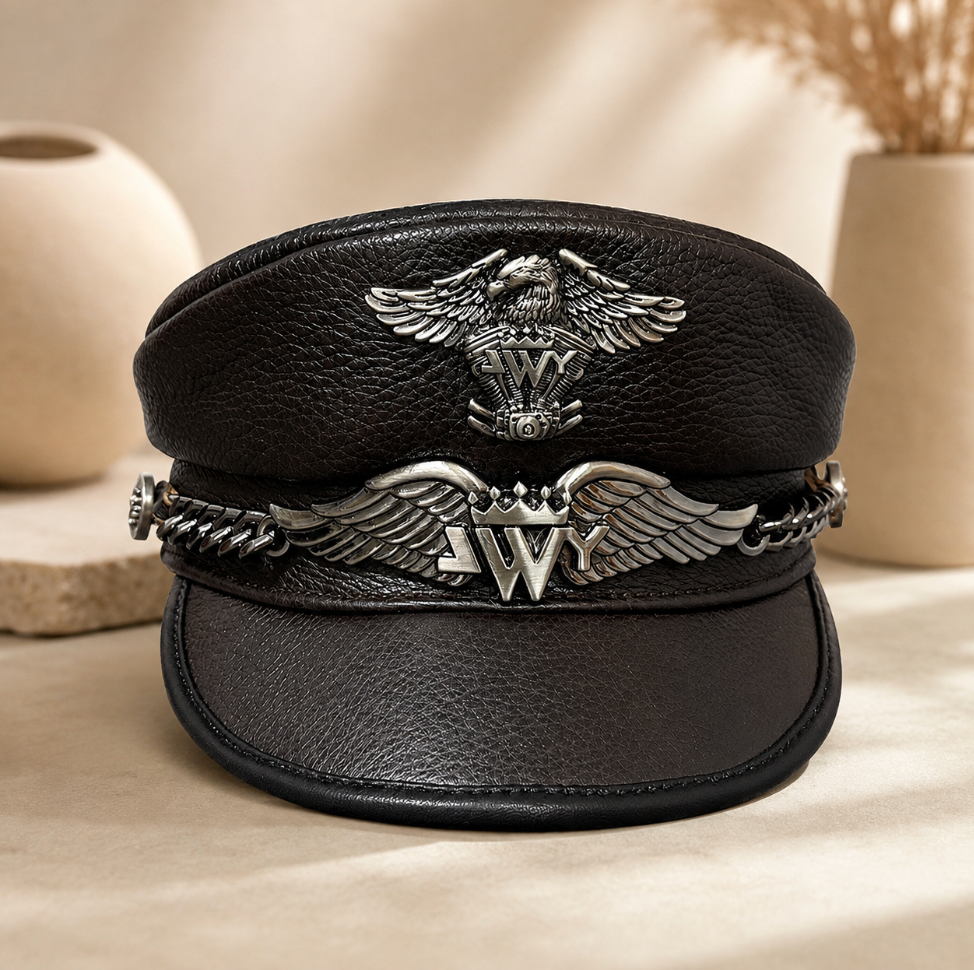 Genuine Cowhide Leather Navy Cap 3 L