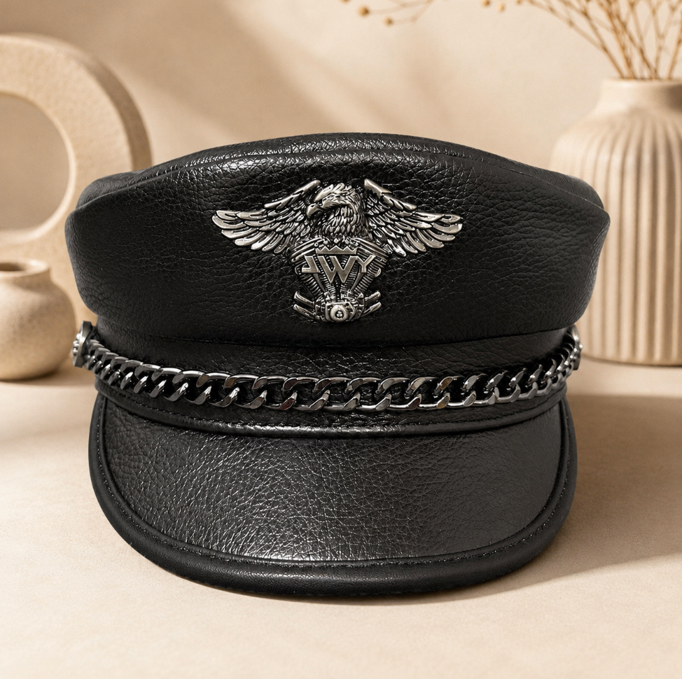 Genuine Cowhide Leather Navy Cap 4 L