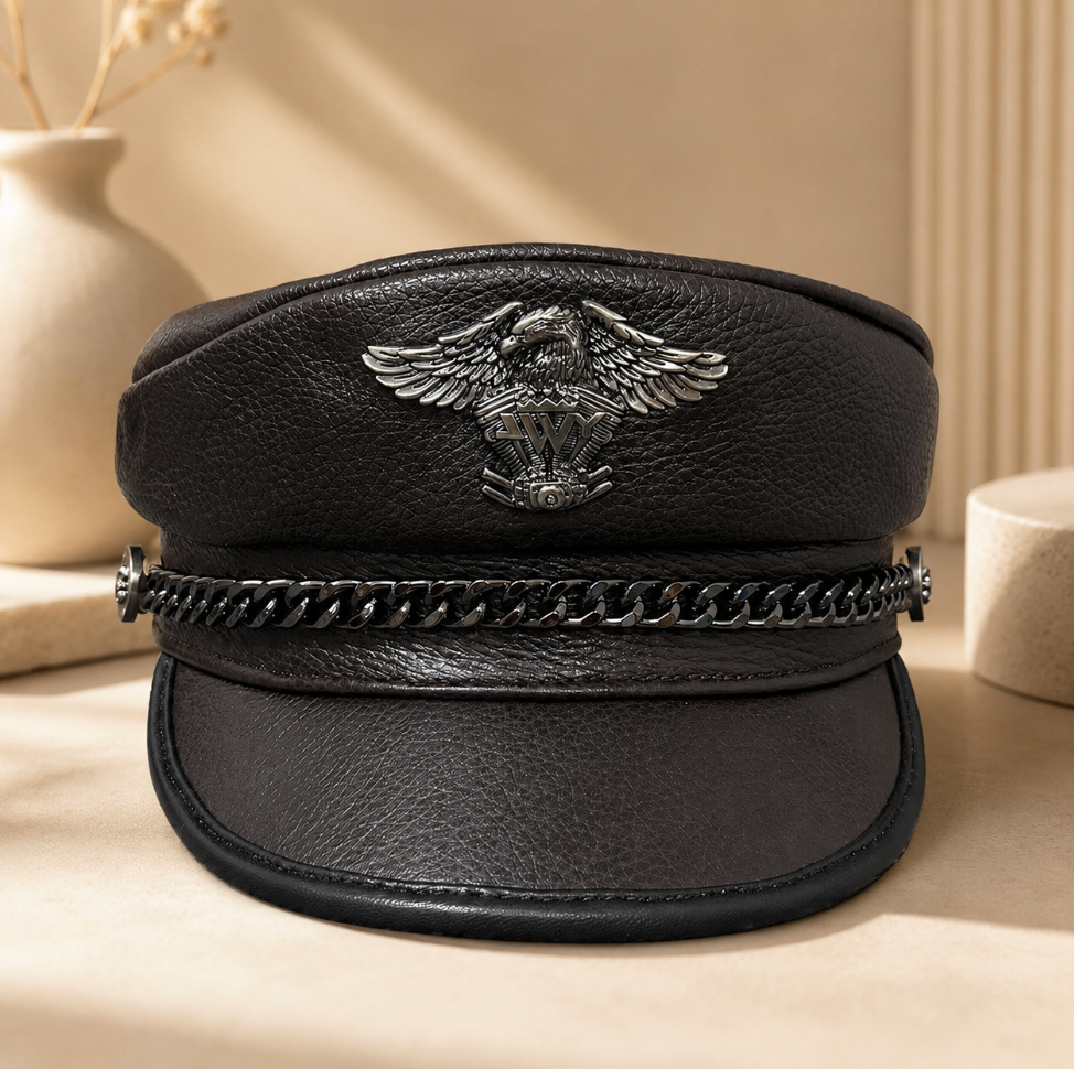 Genuine Cowhide Leather Navy Cap 5 L