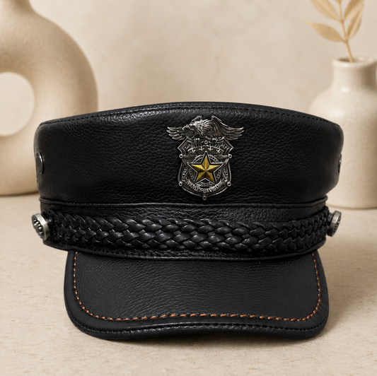Leather Captain Navy Cap with Braided Band