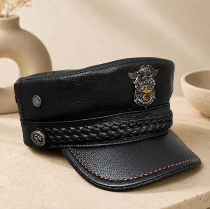 Leather Captain Navy Cap with Braided Band