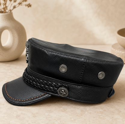Leather Captain Navy Cap with Braided Band