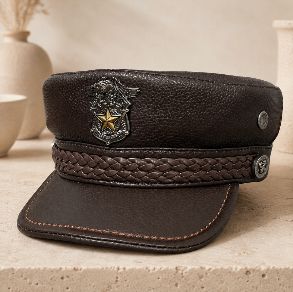 Leather Captain Navy Cap with Braided Band