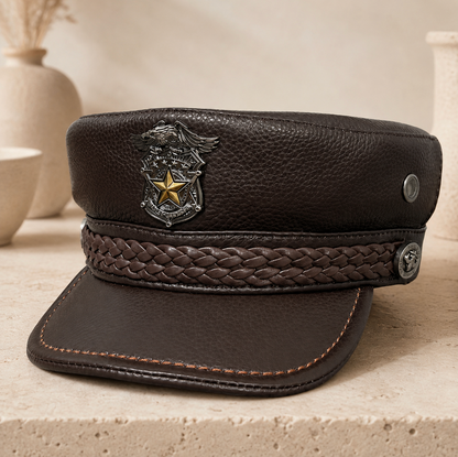 Leather Captain Navy Cap with Braided Band