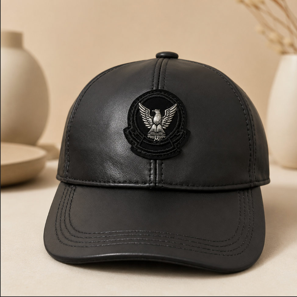 Black Genuine Sheepskin Leather Baseball Cap