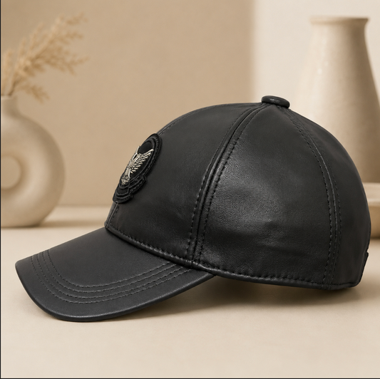 Black Genuine Sheepskin Leather Baseball Cap