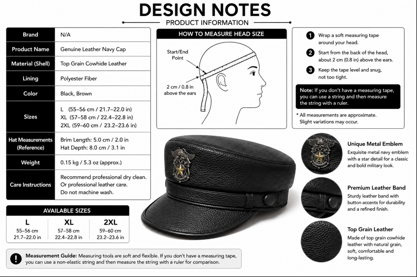 Men’s Genuine Leather Captain Hat in Cowhide