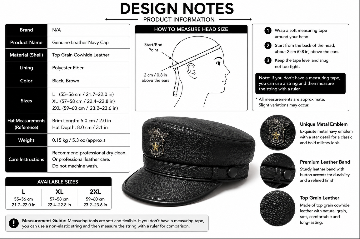 Men’s Genuine Leather Captain Hat in Cowhide