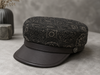 Genuine Leather Navy Cap with Patterned Crown
