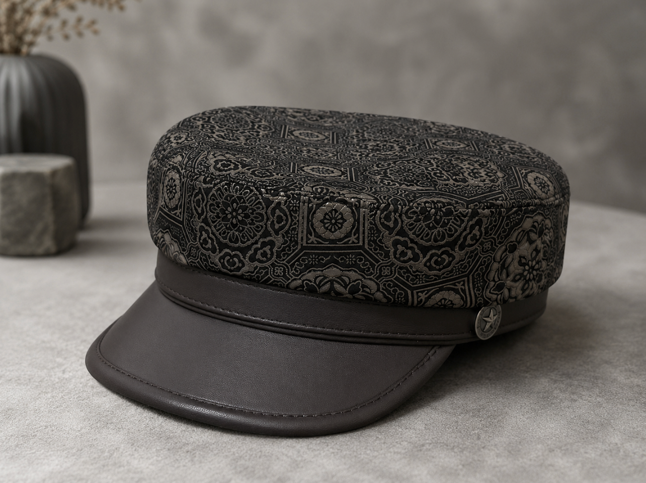 Genuine Leather Navy Cap with Patterned Crown