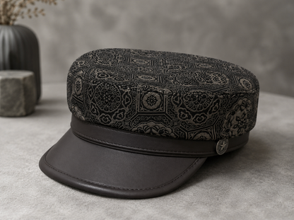 Genuine Leather Navy Cap with Patterned Crown