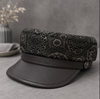 Genuine Leather Navy Cap with Patterned Crown