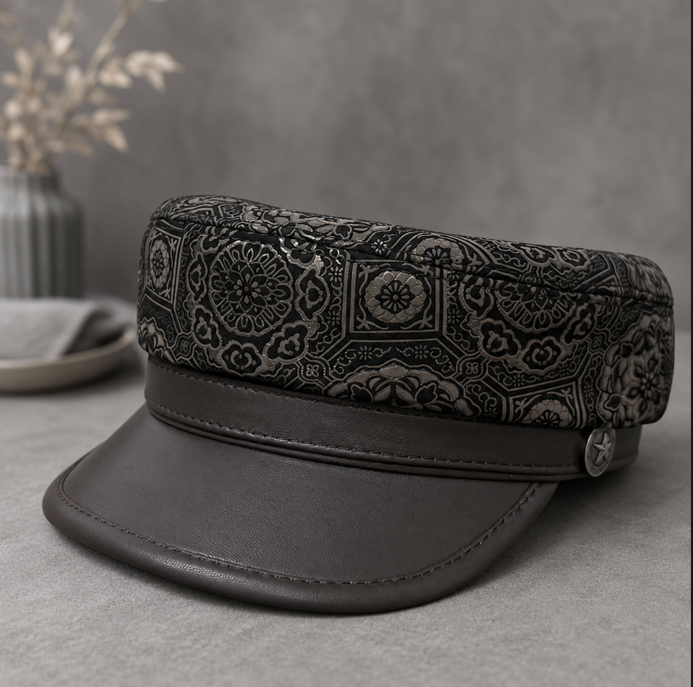 Genuine Leather Navy Cap with Patterned Crown