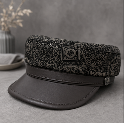 Genuine Leather Navy Cap with Patterned Crown