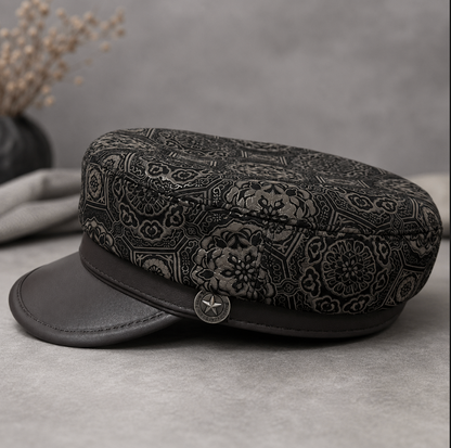 Genuine Leather Navy Cap with Patterned Crown