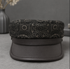 Genuine Leather Navy Cap with Patterned Crown