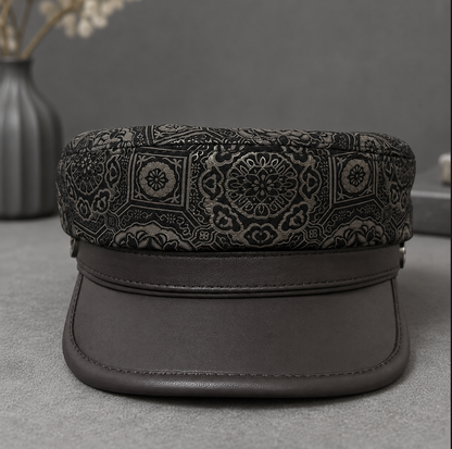 Genuine Leather Navy Cap with Patterned Crown