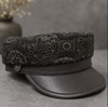 Genuine Leather Navy Cap with Patterned Crown
