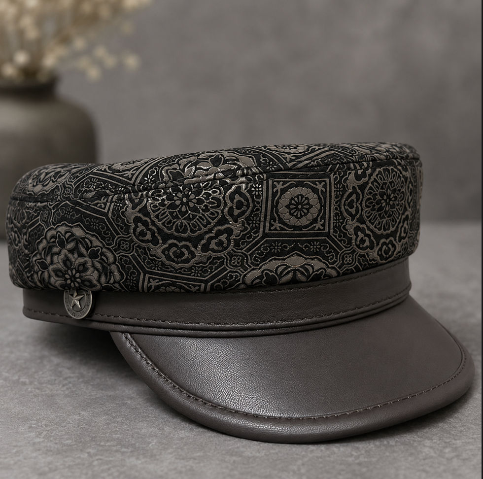 Genuine Leather Navy Cap with Patterned Crown
