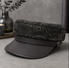 Genuine Leather Navy Cap with Patterned Crown