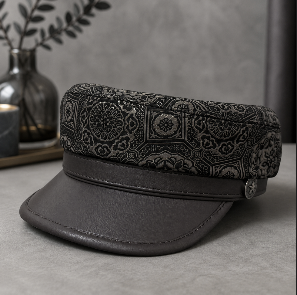 Genuine Leather Navy Cap with Patterned Crown
