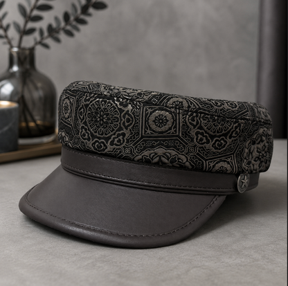 Genuine Leather Navy Cap with Patterned Crown
