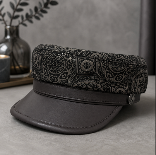 Genuine Leather Navy Cap with Patterned Crown
