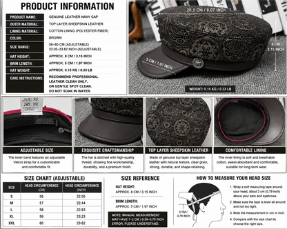 Genuine Leather Navy Cap with Patterned Crown